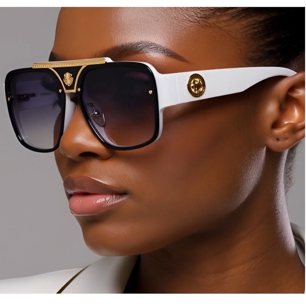 Aviator Sunglasses White Frame Black Lens Gold‎ Designer Style Shades Women 2026